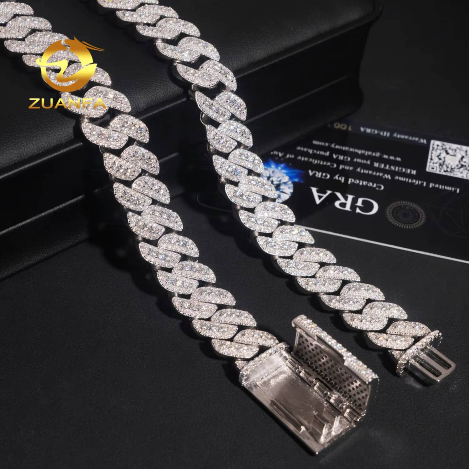 Source Factory 15mm Moissanite Chain Cuban Links Prong Chain Pass Diamond Tester 925 Silver Cuban Link Chain Necklace