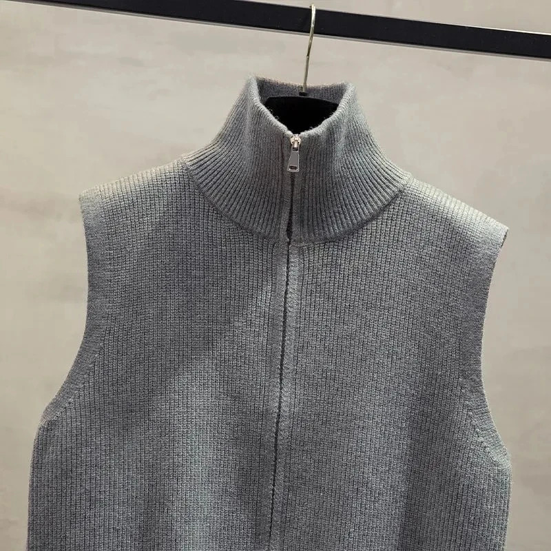 Double Zipper Women Knitted Sweater Vest Spring Autumn Stand Collar Sleeveless Sweater Vest Solid Waistcoat Outer Wear Vest Top 251029