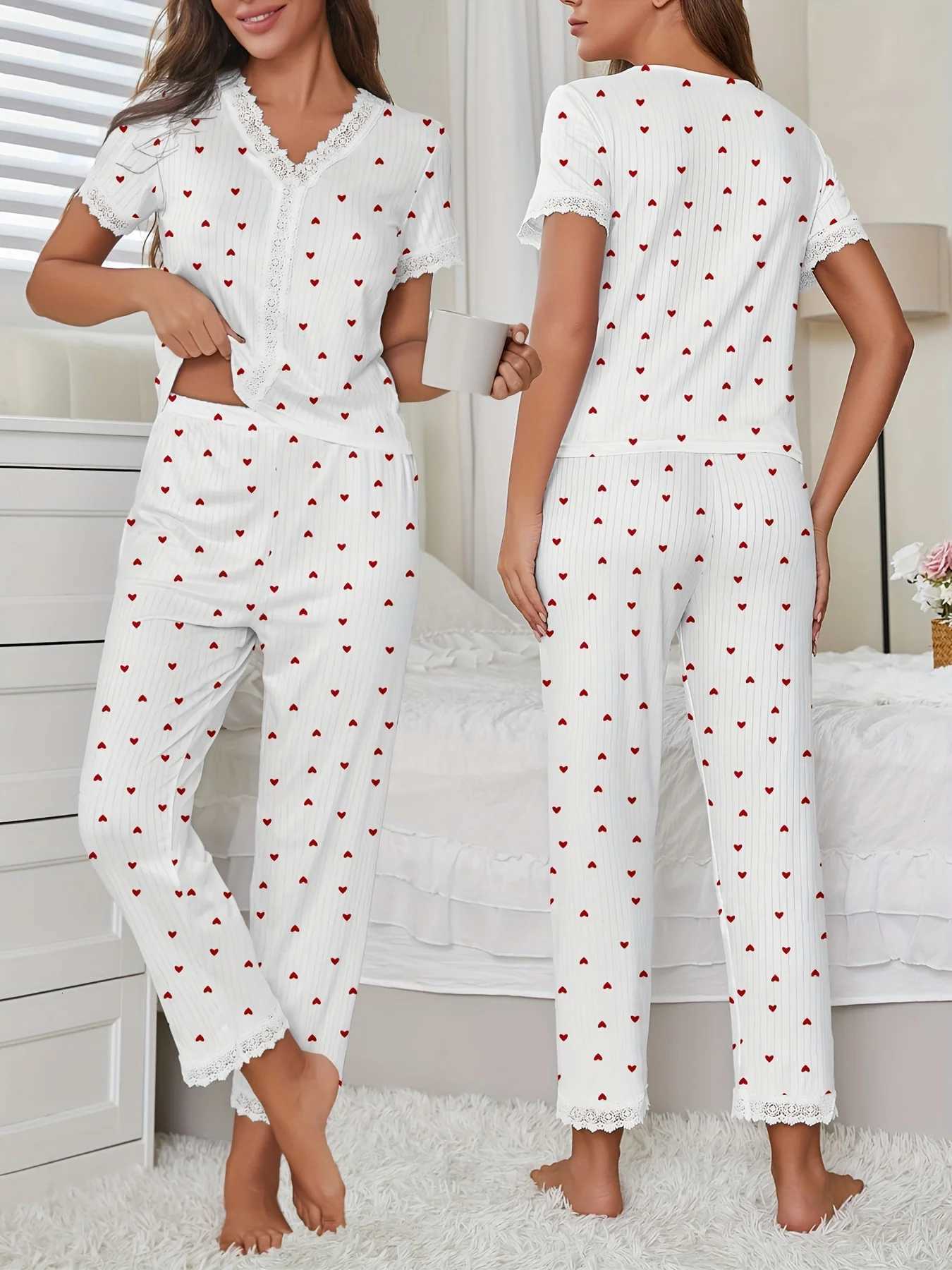 Autumn Winter Comfortable Pajamas Set with Love Heart Printed for Women Sleepwear Short Sleeve Top and Pants HomewearT251029