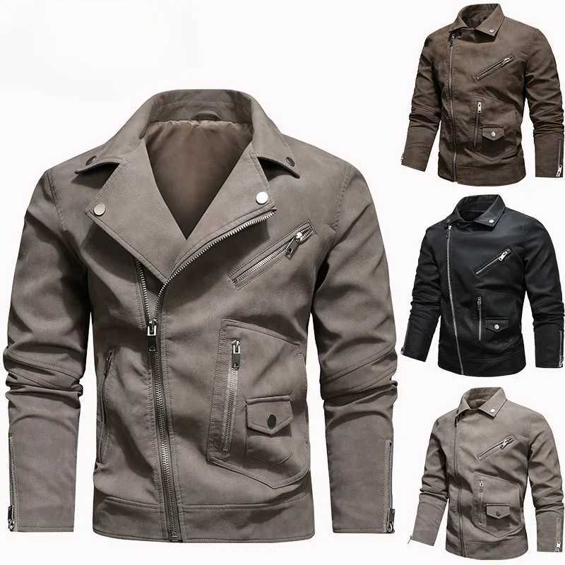 Mens Faux PU Leather Jacket Black Biker Coat with Diagonal Zipper Big Lapel Euro Size Korean Style Trendy Outerwear MotorcycleT251029