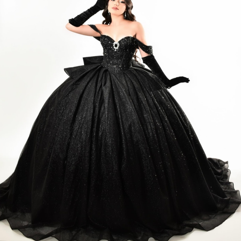 Black Quinceanera Dresses Off The Shoulder Beads Bow Tull Party Birthday Sweet 16 Dress Vestidos 15 de anos