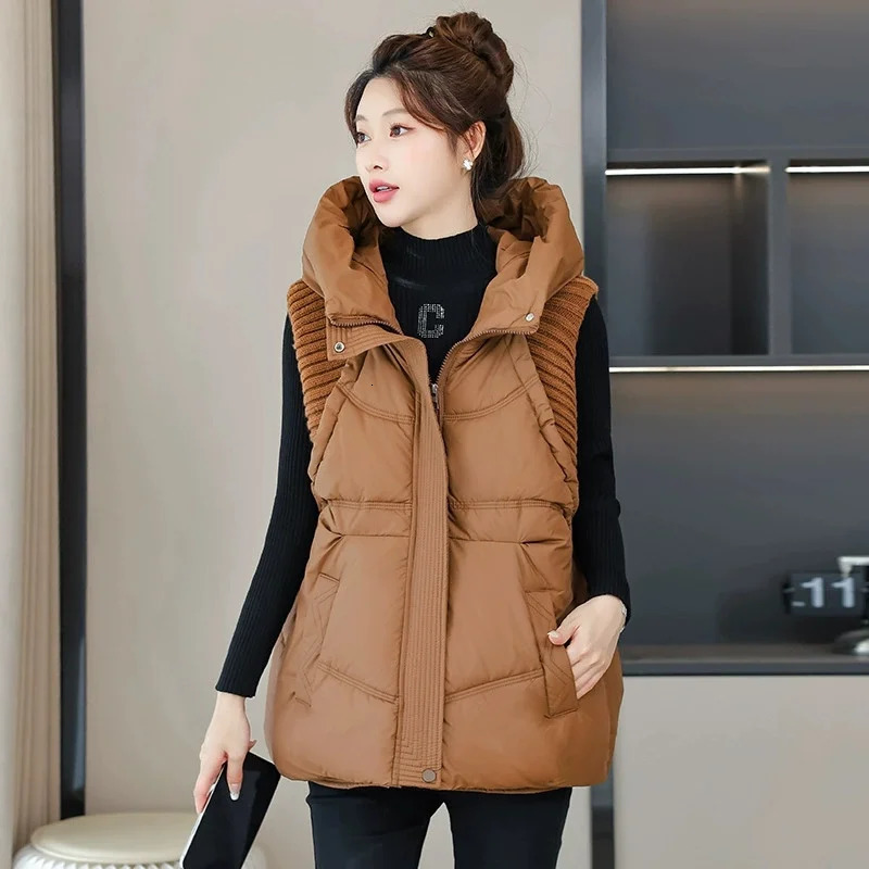 Winter Down Cotton Vest Jacket Women Sleevele Hooded Parkas Warm Coat Female Waistcoat Overcoat Ladies Tops 251027