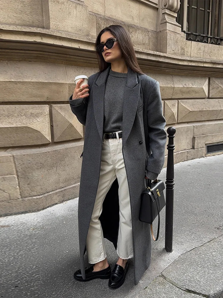 Office Womens Woolen Long Coat Turndown Collar Sleeve Single Button Midlength Outerwear Autumn Lady Overcoats 251028