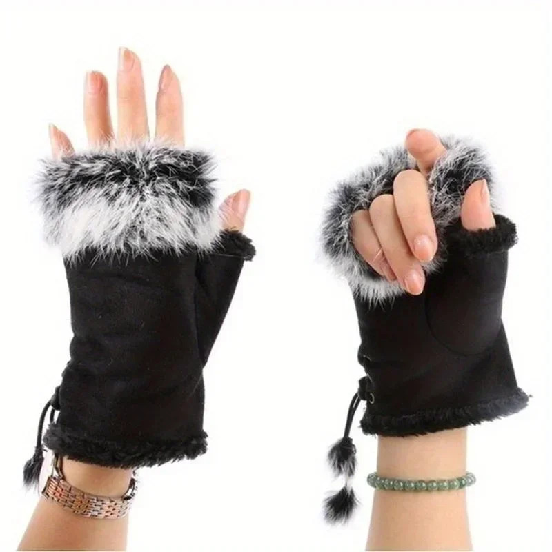 Fashion Womens Faux Rabbit Fur Hand Wrist Warmer Half Finger Gloves Winter Glove 251029