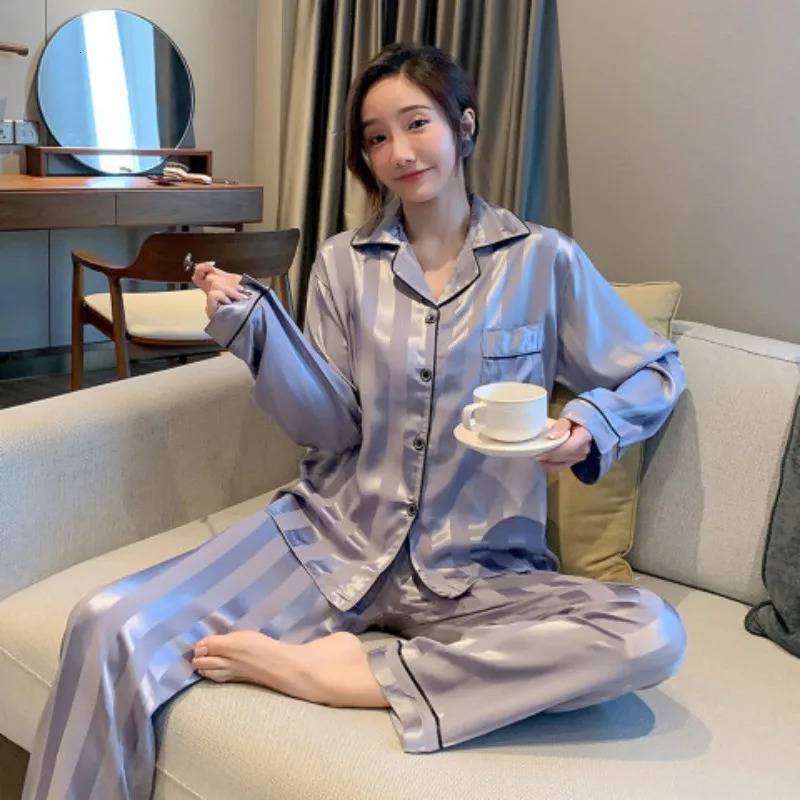 Striped Satin Pajamas Women Jacquard Loungewear Long Sleeve Trousers TwoPiece Set Solid Color RollNeck Cardigan Sleepwear 251029