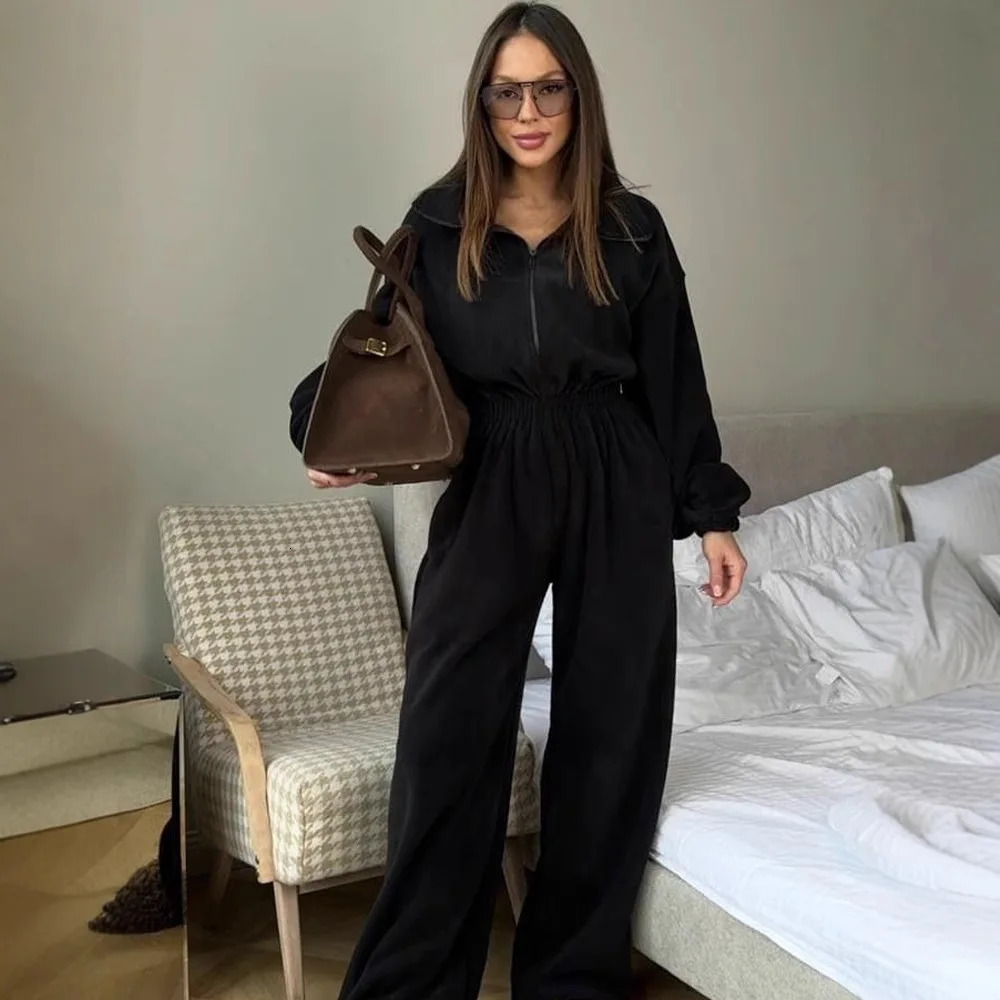 Zekye Woman Clothing Fashion Longsleeved Jumpsuit Womens Casual Semiopen Elastic Waist Elegant 251029