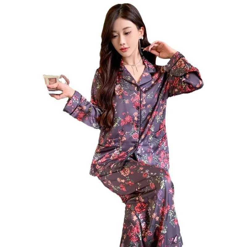 Womens Silk Pajama Set Satin Sleepwear Long Sleeve Top with Pants 2Piece Loungewear Pj Suit Pyjama for Comfortable NightwearT251029