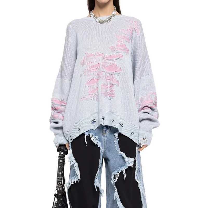 OMSJ Wasteland Style Fashion Contrast Hole Sweater Women Woolen Knitted Loose Baggy Casual Hottie Crew Neck Pullovers Streetwear J251029
