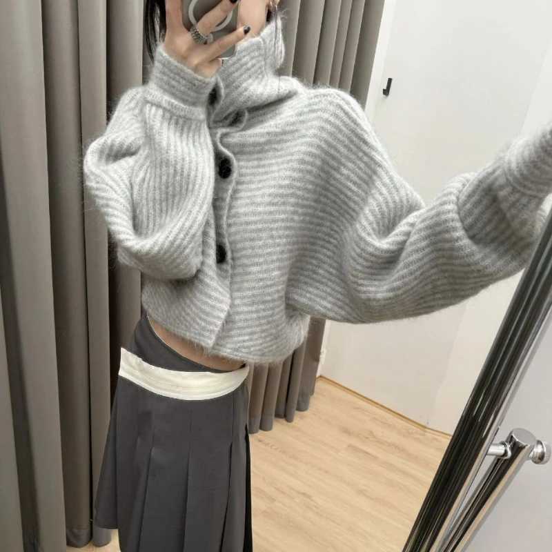 Deeptowm Y2K Gray Striped Women Sweater Vintage Turtleneck Korean Fashion Knit Cardigan Harajuku Button Autumn Loose Old MoneyT251028