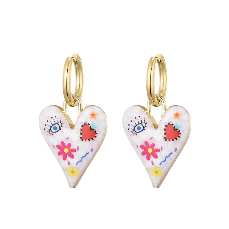 Trendy Cute Heart Eye Stainless Steel Hoop Earrings For Women Colorful Vintage Enamel Gold Color Pendant Love Female Jewelry 251013