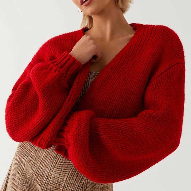Combhasaki Women Fall Winter Chic Knitted Sweater Cardigan Tops Lantern Long Sleeve Open Front Solid Color Cropped Knitwear CoatT251028