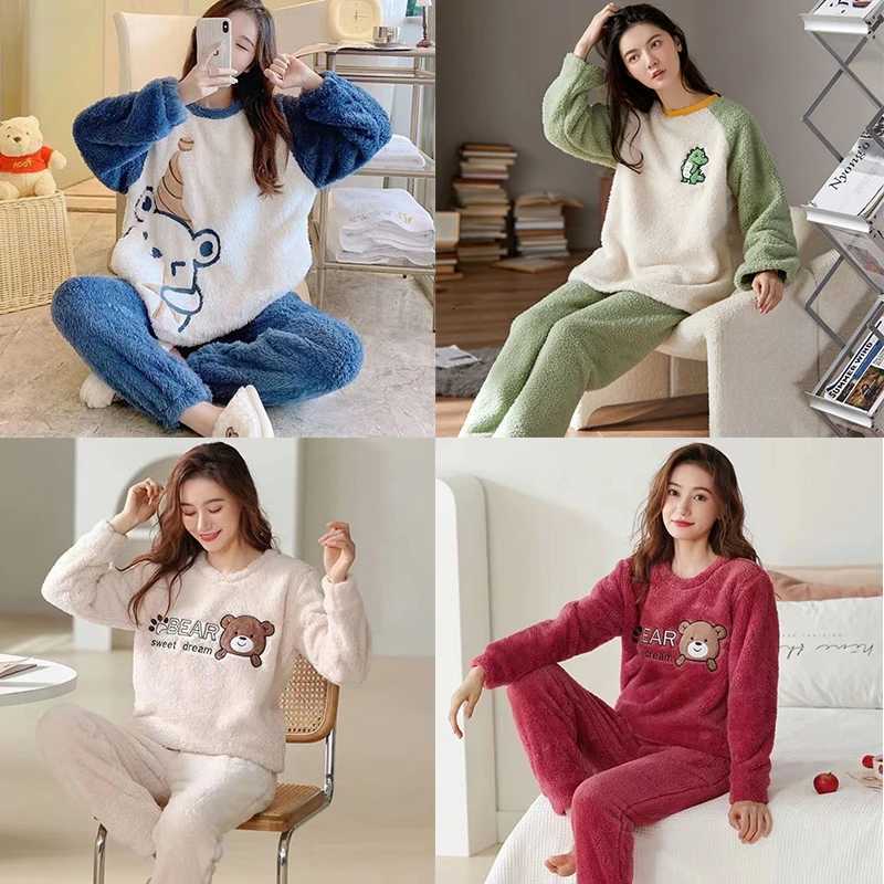 Thickened Warm Flannel Womens Sleepwear Coral Velvet Pajamas Winter Cute Cartoon Bear Padded Two Sets Girl Nightwear LoungewearT251029