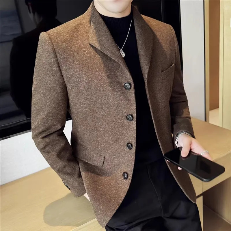 Autumn Winter High Quality Thick Woolen Blazers Men Solid Color Smart Casual Suit Coats Mens Fashion Turn Down Collar Blazer 251028