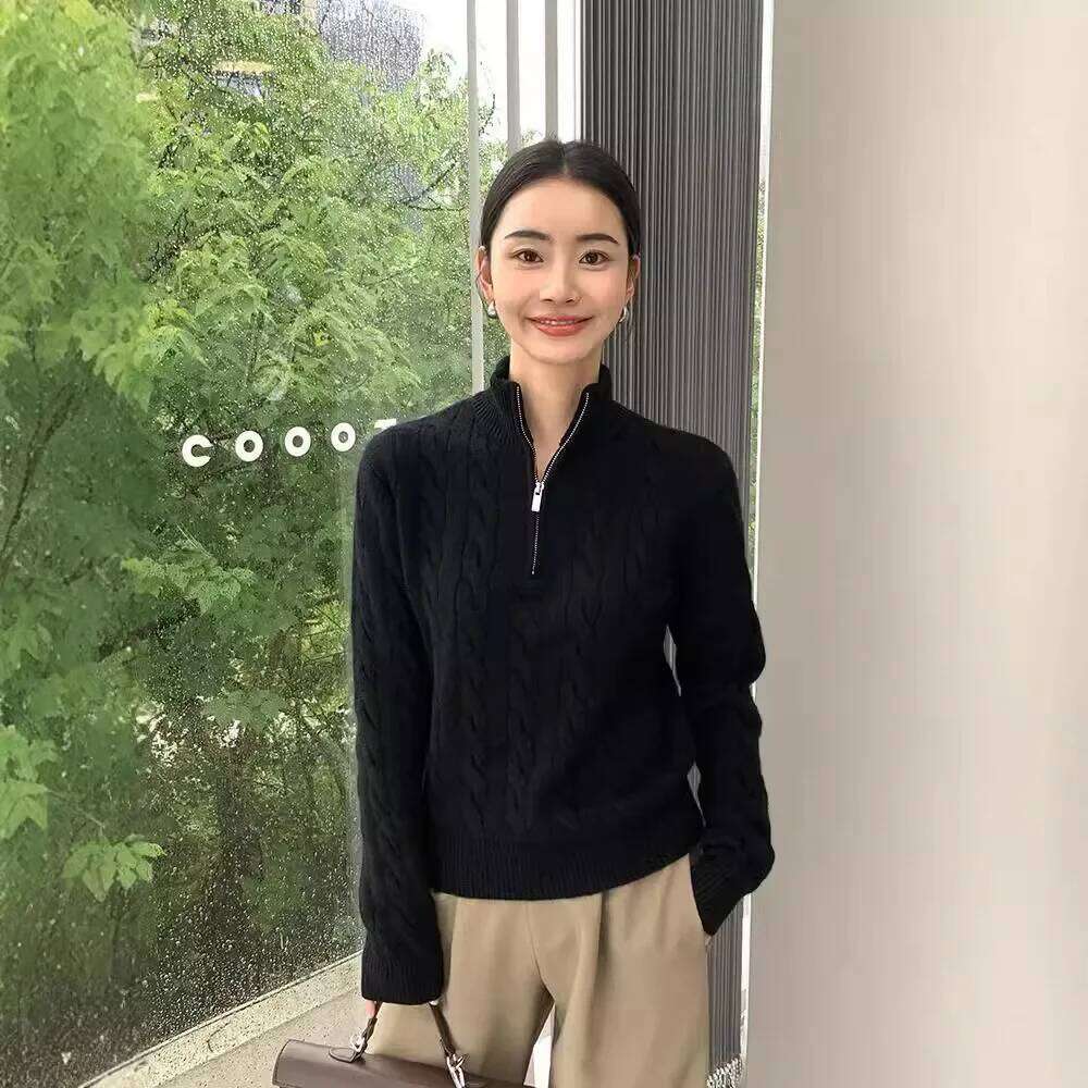 Women's High Collar Knitted Sweater Half Zip V Cashmere Thick Winter Fashionable Retro Style Full Sleeve Crew Neck Top Designer Sweater Women Bea