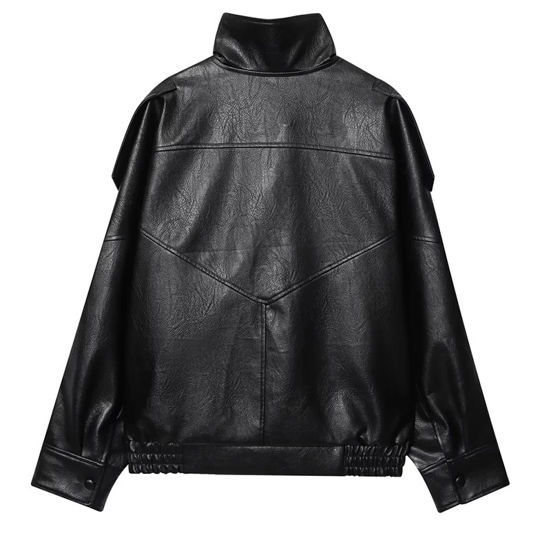 HXAO Black Jacket For Woman Outerwears Faux Leather Long Sleeve In Coats And Jackets Zipper Bomber Motorcycle 251028