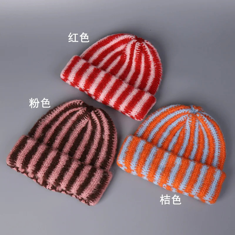 Korea 2025 Autumn and Winter Korean Feather Yarn Striped Wool Beanie Cap Women Showing Face Small Cold Knitted Cold Hat Men 251029