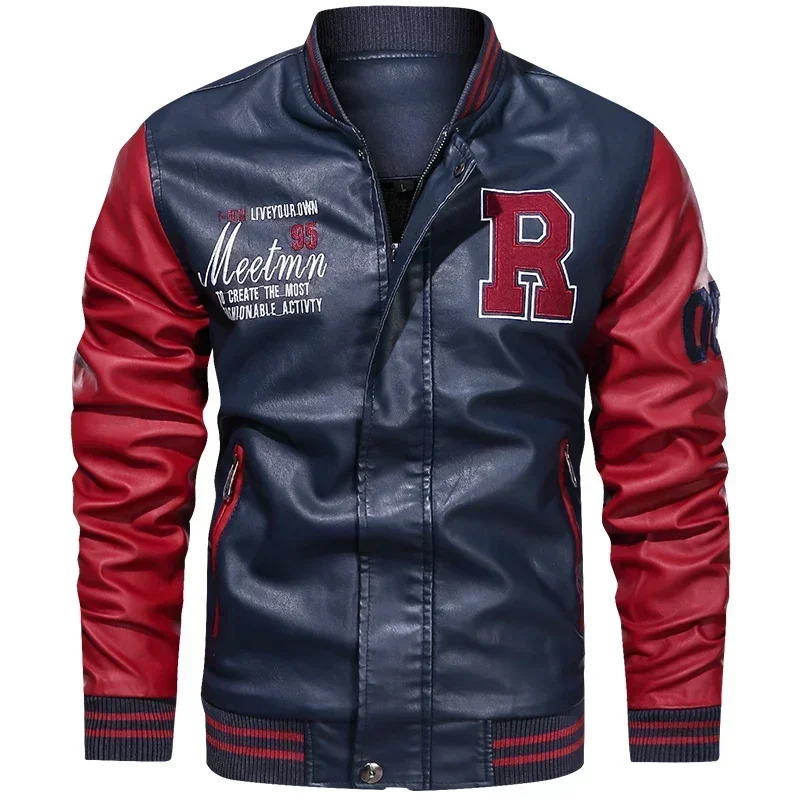 Mens American Baseball Collar Pilot Casual PU Spring and Autumn Leather Jacket Motorcycle Suit Color Blocking 251028