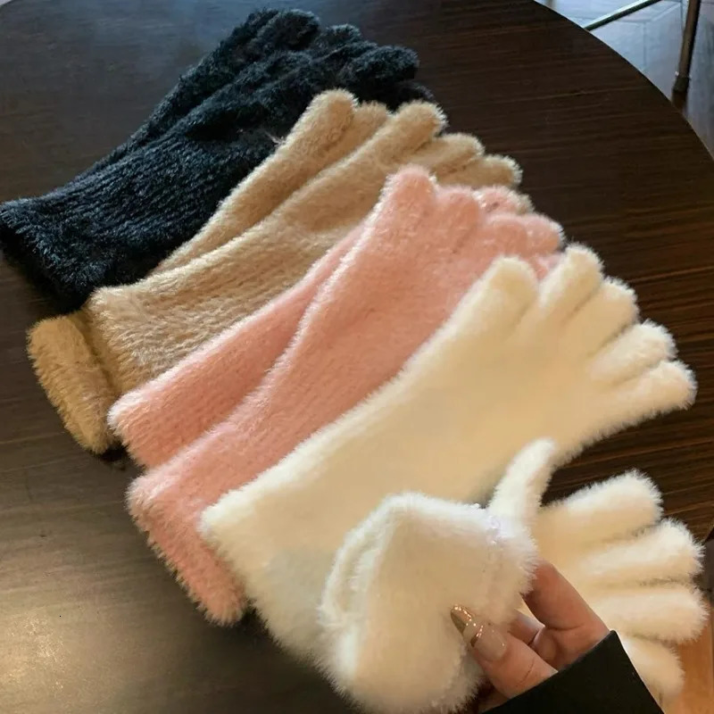 Sweet Mink Wool Long Gloves Women Winter Thicken Knitted Warm Short Fluffy Plush Mittens Protective Arm Anticold Outdoor Gloves 251029