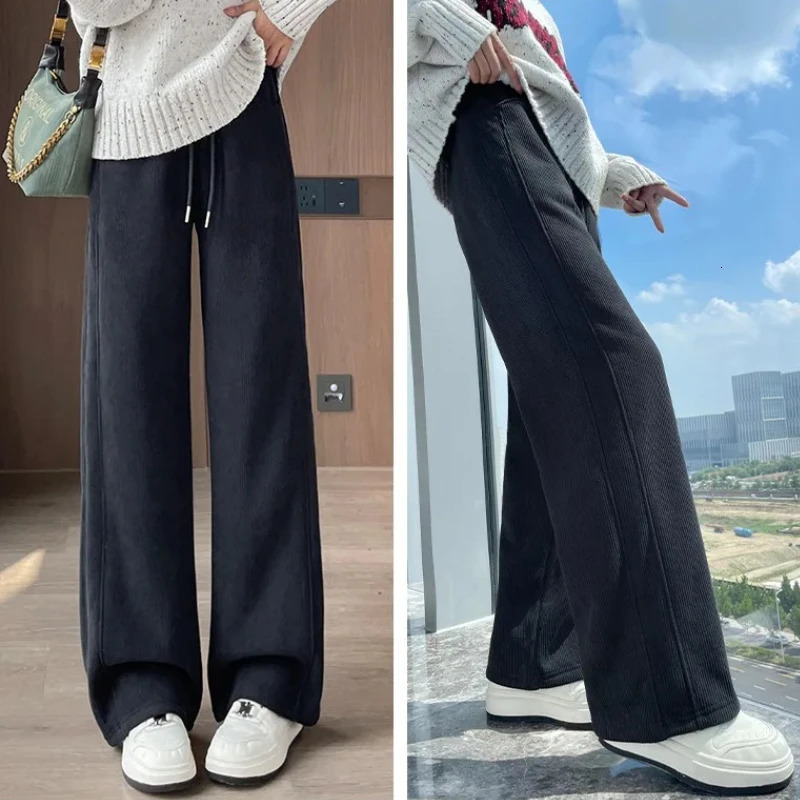High Waist Warm Trousers Fashion Winter Fleece Thickened Womens Pants Solid Color Loose Elastic Straight Casual 251029