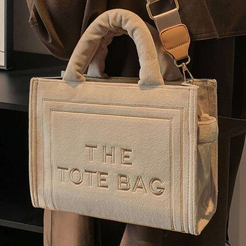 Women's Khaki Velour Tote Bag Original Letter Print Ladies Brand Shopper Handbag Female Square Medium Shoulder Bags 251029