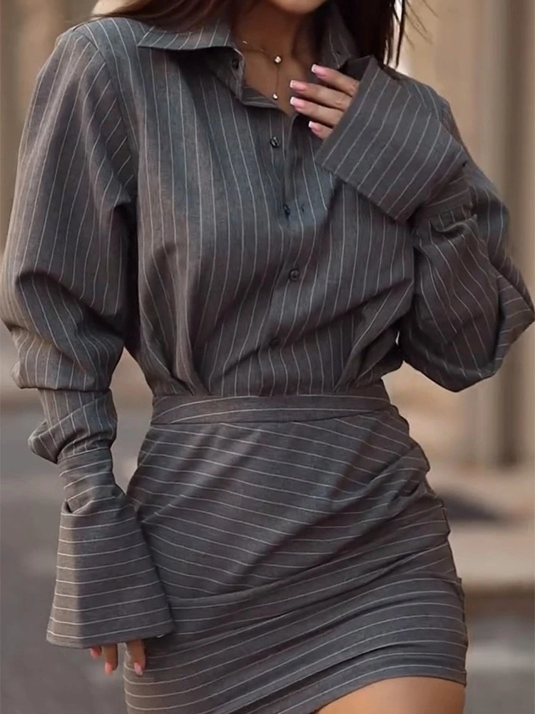 2025 Summer Fashion Womens Elegant Office Staff Set Striped Collar Top Hip Wrapping Short Skirt Effect Two Piece 251016