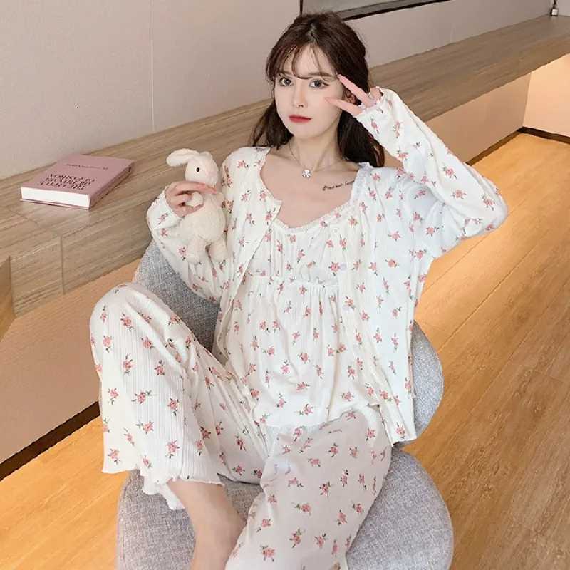 Three Piece Cotton Pajamas Women Long Sleeve Trousers Sexy Floral Student Loungewear Large Size Romantic Women Nightwear SexyT251029
