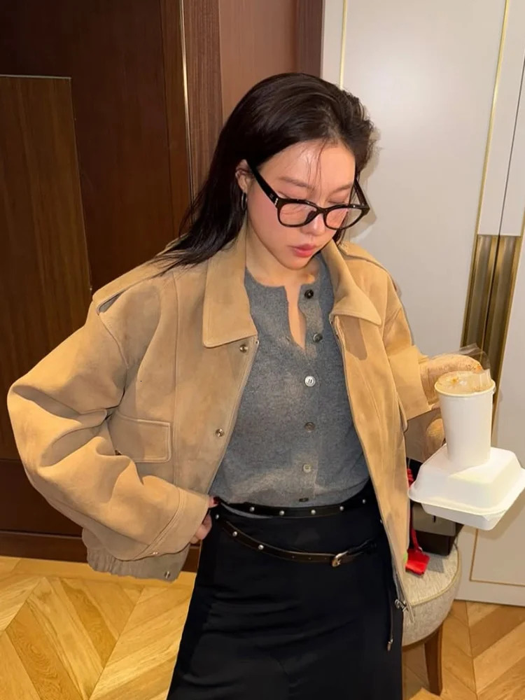 Autumn Winter Suede Leather Solid Jacket for Women Casual Long Sleeve Female Zipper Lapel Coats Vintage Lady Outwear Street 251028