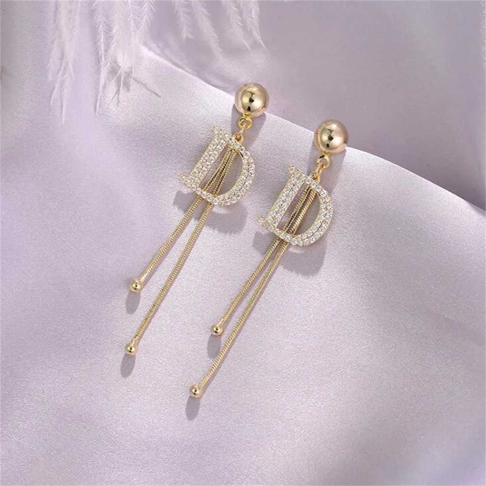 Bead Tassel Long Simple Earring Trend Gold Color Crystal Letter D Earrings Elegant Jewelry AccessoriesW251029