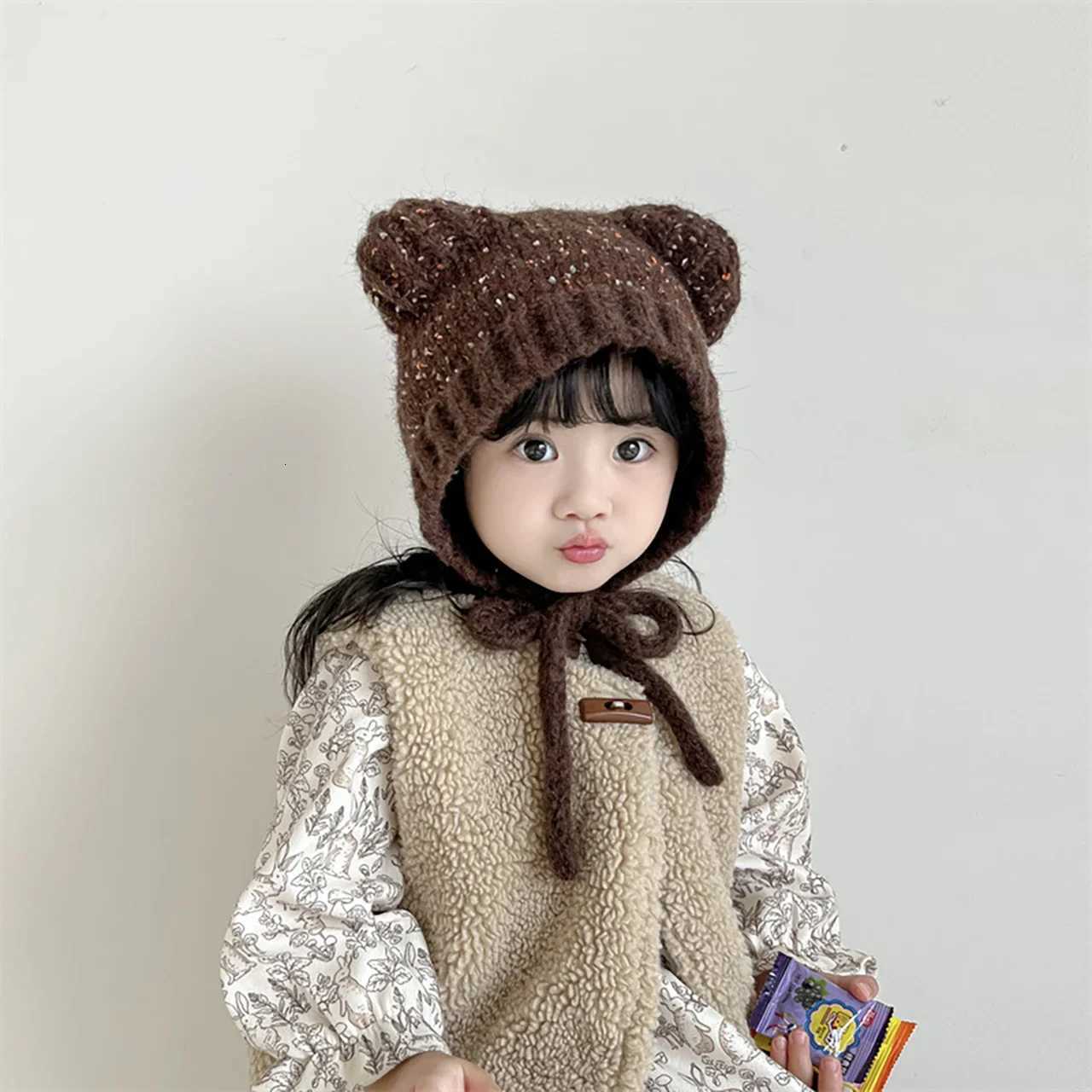 Cute Cat Ear Baby Winter Hat Cartoon Solid Color Knitted Beanie Cap Outdoor Warm Ear Protection Kids Boys Girls Lacing Hats251028