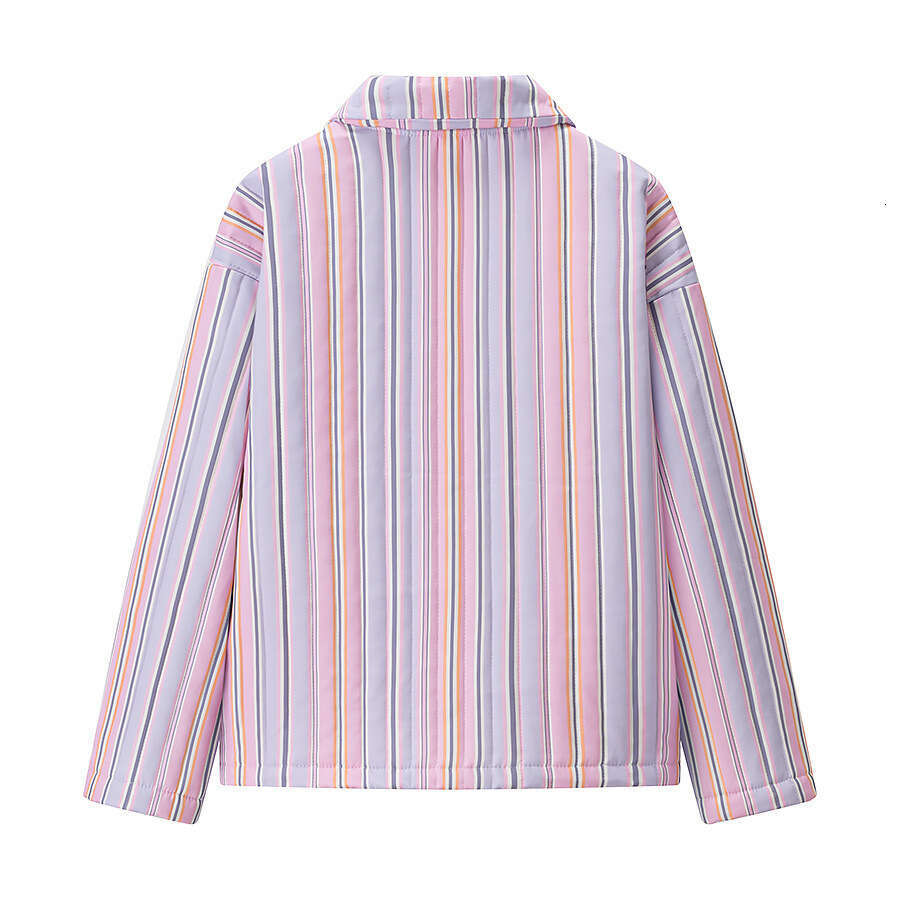 European style new women's fashion versatile temperament striped print lapel long sleeve loose cotton coat