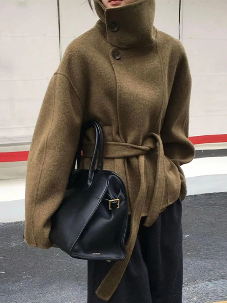 Autumn Woolen Coats Women Casual Double Breasted Stand Collar Female Office Short Jackets Chic Lady Loose Street Outwear 251028
