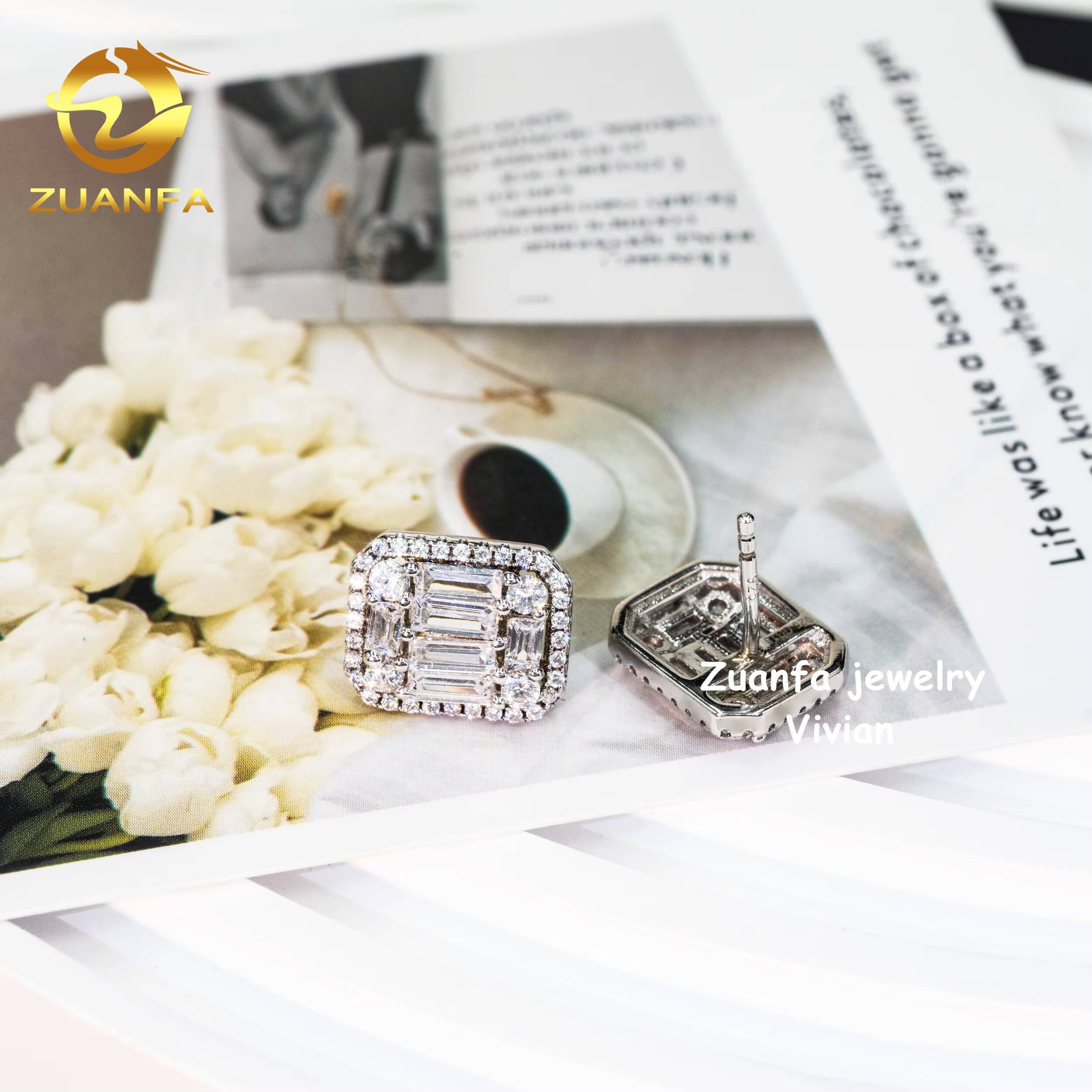 VVS Moissanite Diamond Fashion Iced Out Luxury Hip Hop Fine Jewelry Sterling Silver 925 Flower Earrings for Men