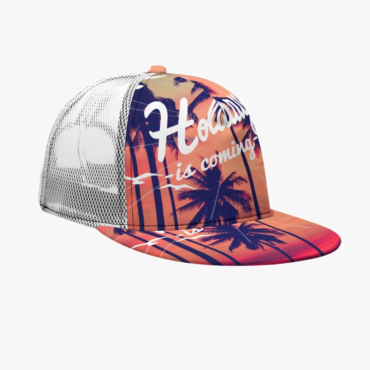 All-Over Print Flat Brim Mesh Cap with Black Buckle | Adjustable Unisex Baseball Hat | 100% Polyester Lightweight Design | Includes Box