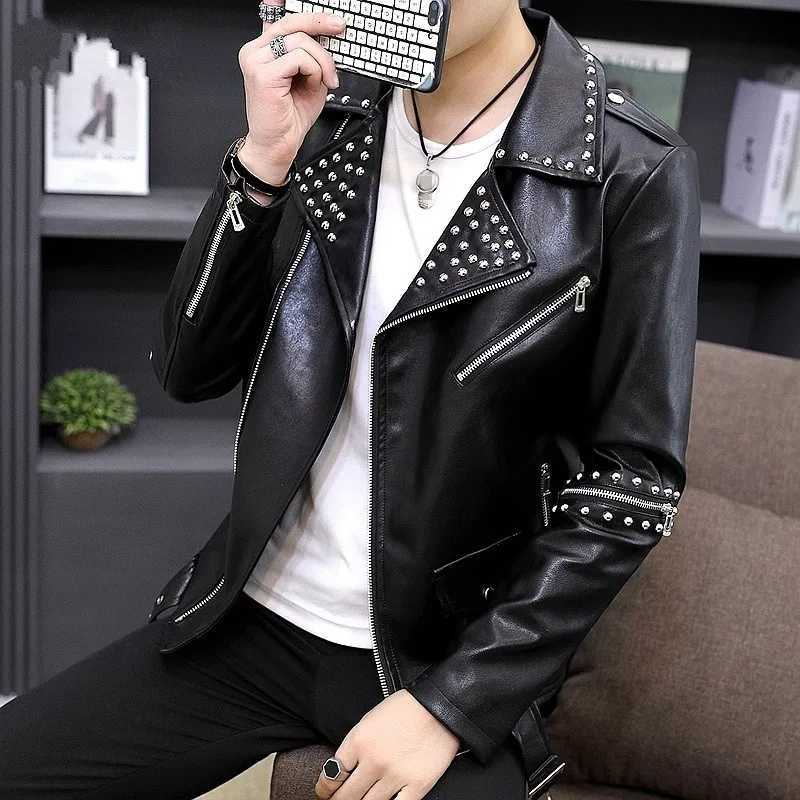 Personality Men Rivet Leather Jacket Fashion Punk Zipper Motorcycle Coat Teenager Nightclub Casual Pu Leather Lapel Slim JacketT251029