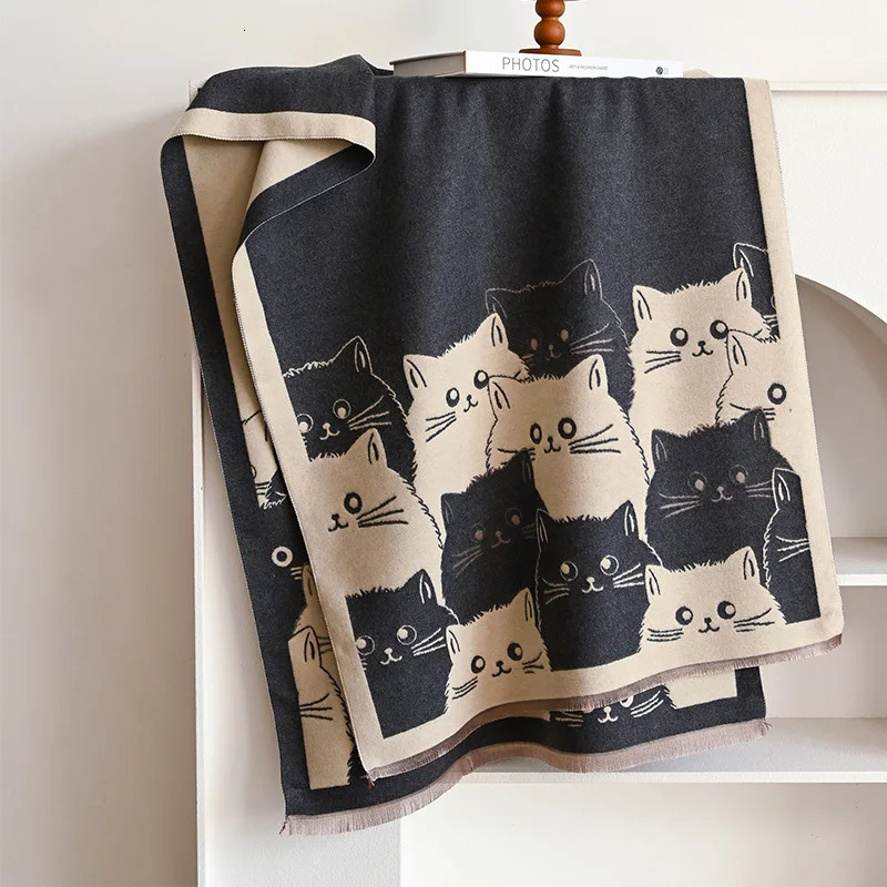 Fashion Cute Cat Ladies Jacquard Cashmere Scarf Winter Thick Warmth Shawl Coldproof Windproof Blanket 251013
