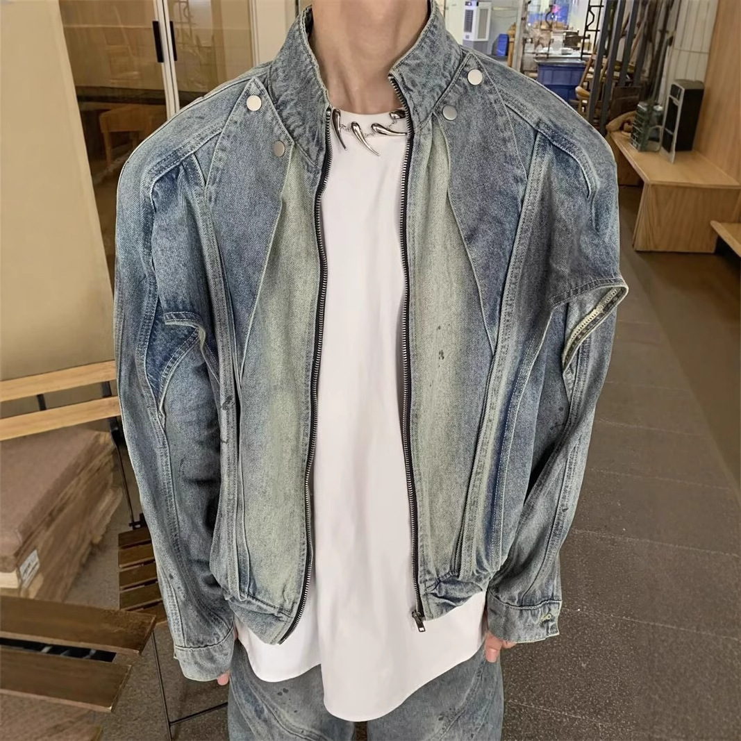 American Style Deconstructed Washed Vintage Designer Jacket Design Stand Collar Denim Jacket For Men Spring Autumn Trendy Brand Casual Loose Fit