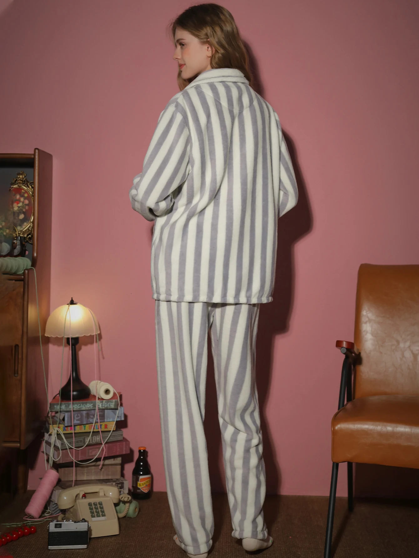 2piece set of womens pajamas autumn and winter flannel striped long sleeved pants thick cardigan home clothes 251029