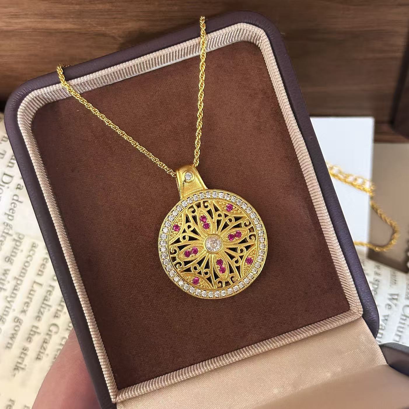 TaiYang New Gold Plated Copper Ancient Gold Sunflower Necklace, Double-Sided Full Pave Compass Pendant with Vintage Finish for Women