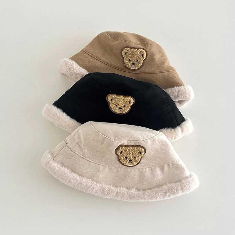 Winter Suede Toddler Kids Bucket Hat Cartoon Bear Thicken Plush Fisherman Hats For Baby Outdoor Girls Boys Warm Basin Cap251028