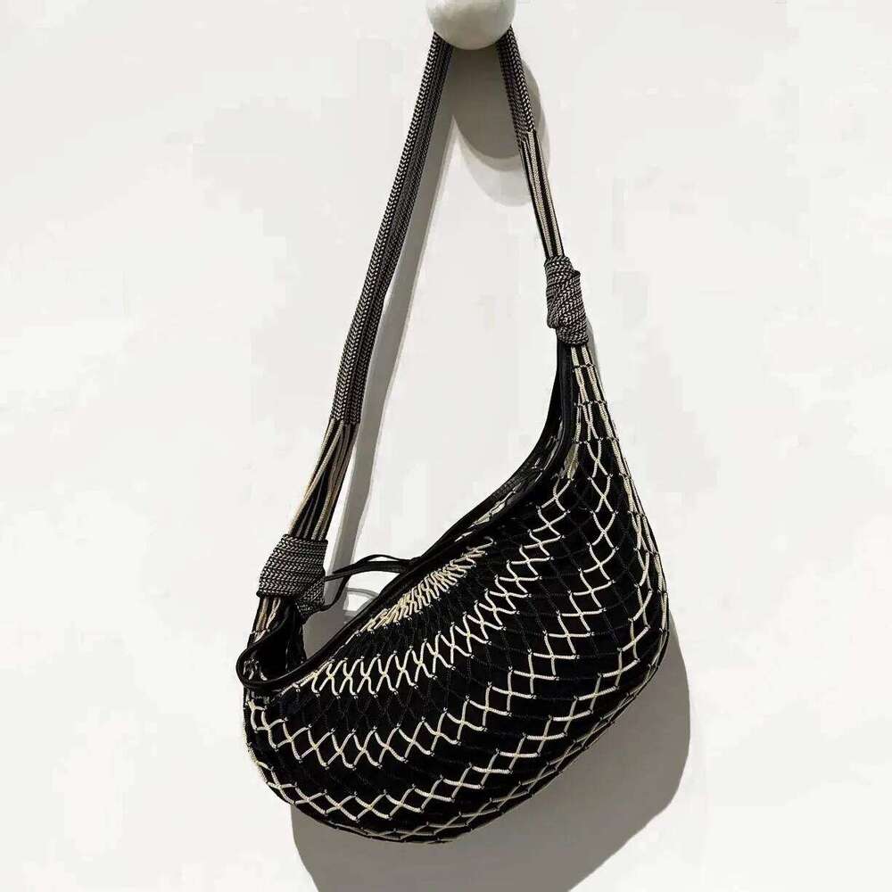 Niujiao Net Summer New Ins Fashion Contrast Color Hollow Knitted Canvas Women's One-Shoulder Crossbody Bag Suotong1029