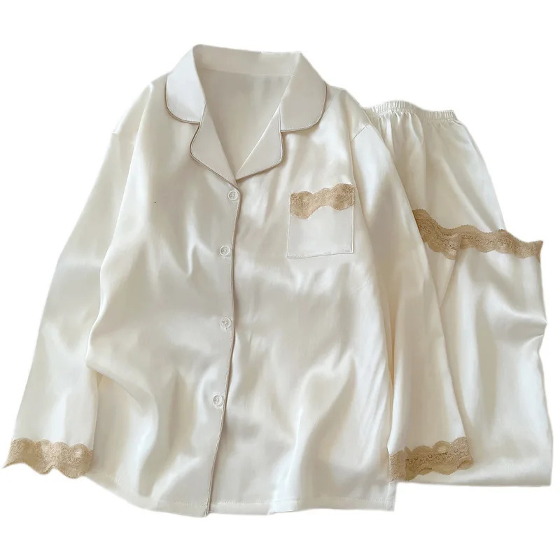 Womens SpringAutumn Ice Silk Nightwear Set Luxurious Lace Trim LongSleeved Lightweight Homewear Actual Product Pography 251029