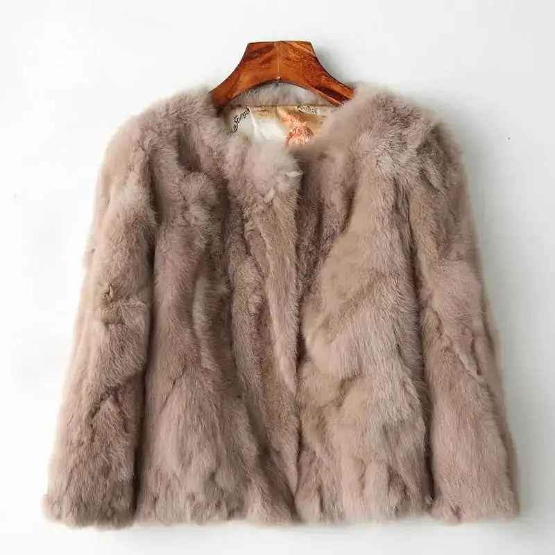 2025 Womens Real Rabbit Fur Coat Highwaist Round Collar Cardigan Longsleeved Slim Fit Rabbit Jacket Women Fashion Coat 251029