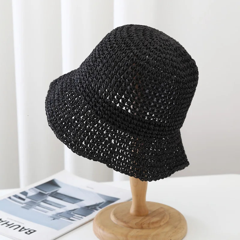 Simple Solid Handmade Crochet Bucket Hat For Women Outdoor Summer Sunshade Breathable Japan Style Paper Straw Fisherman Cap 251029