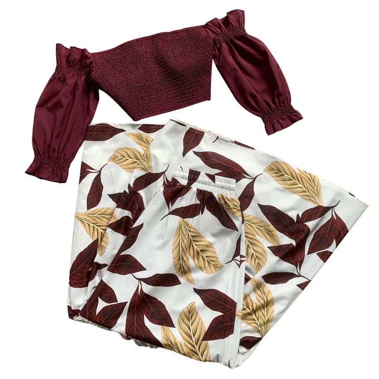 Deep Red Womens Off Shoulder Crop Top + Flared Leggings Ensemble - Stylish Polished Polyester Duo---1748