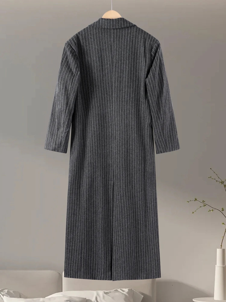 Retro Striped Lapel Woolen Long Coat Women Casual Loose Dark Grey Oversize Coats Female Winter Elegant Chic Streetwear 251028