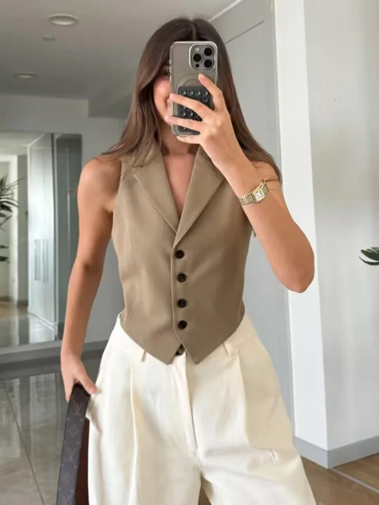 SLTNX Summer Women Turndown Collar Vests Back Lace Up Chic Single Breasted Waistcoat Tops Lady Sleeveless In Vest 251029