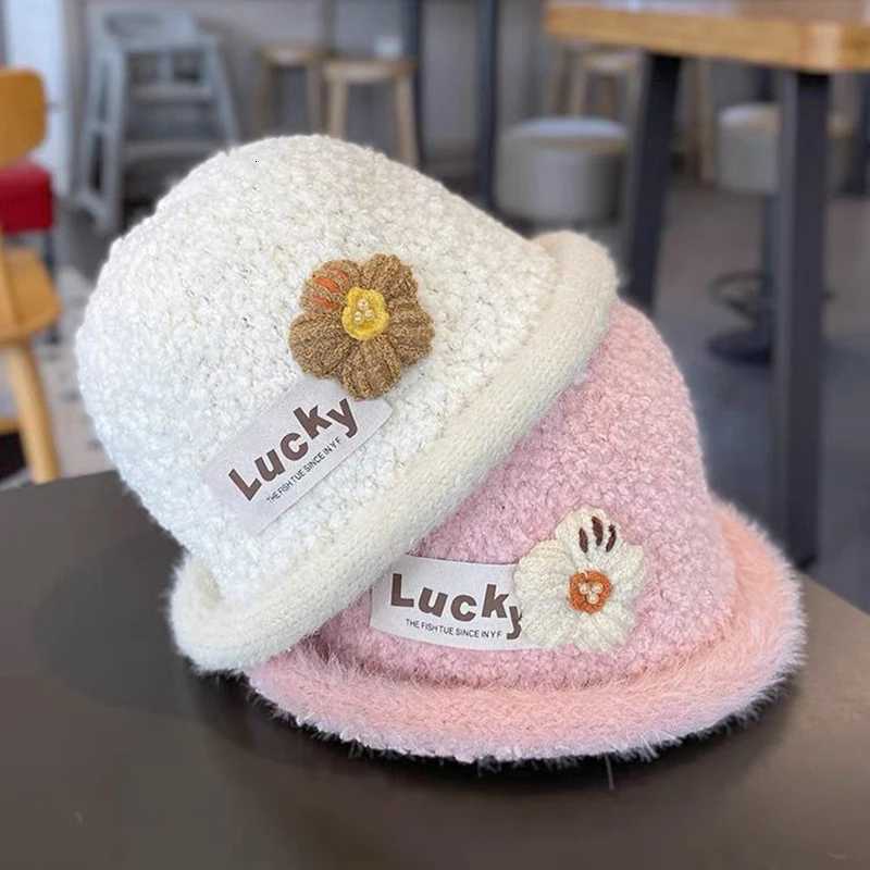 Winter Warm Baby Knitted Bucket Hat Sweet Crochet Flower Girls Curled Fisherman Hats 28Year Children Thicken Woolen Basin Cap251028