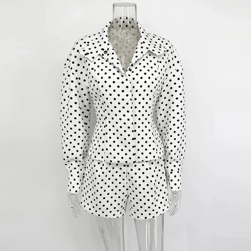 Autumn Women Long Sleeves Turtleneck Zipper With Pockets Casual Coats Outfits Fashion Polka Dot Printed Jacket Shorts Suit 251029
