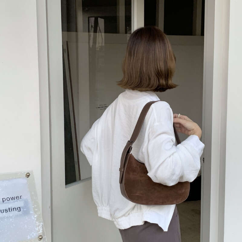 Genuine Leather Bag Niche Design Suede Texture Fashion Crescent Solid Color Ins Style Daily Versatile Shoulder Underarm Crossbody Bag