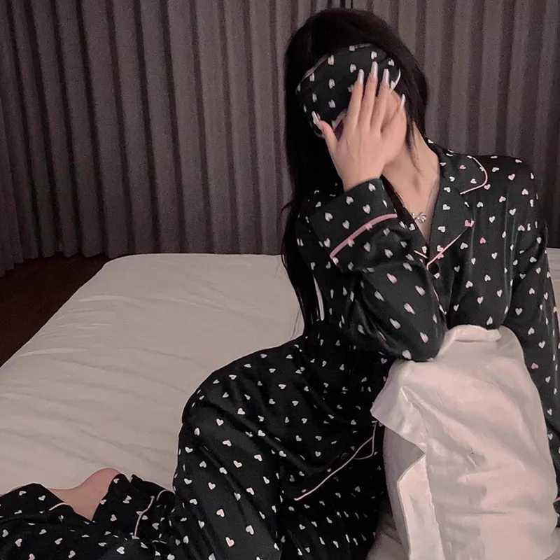 Women Heart Graphic Print Ice Silk Cardigan Lapels Long Sleeve Trousers Pajamas Student Loungewear Sleepwear Europe and AmericaT251029